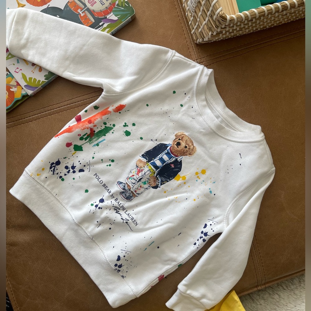 Boys Polo Ralph Lauren White Paint Splash Polo Bear Sweatshirt Size 24M